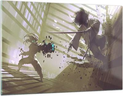 Produktbild von Bilder auf glas - Roboter Samurai Schwert Kämpfen - 120x80cm - Glasbilder - Wandbilder - Kunstdruck - zum Aufhängen bereit - Wanddekoration aus Glas - Glas Bilder - Wandbild auf Glas - GAA120x80-2912
