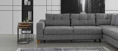 Produktbild von Graues L-Form Ecksofa Designer Wohnzimmer Sofas Luxus Couchen Holzmöbel