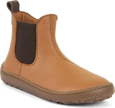 A single brown leather boot is shown against a white background.