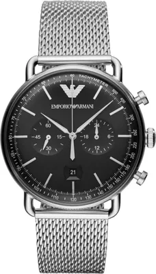 A close-up studio shot of an Emporio Armani men's chronograph watch with a black dial and silver mesh strap.