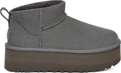 A single gray UGG boot with a platform sole is shown against a white background.