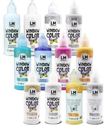 Produktbild von LM-Kreativ Window Color Set (12 x 80 ml Magic Moments inkl. Konturfarbe) – abziehbare Fensterfarbe auf Wasserbasis für Glas, Spiegel und Fliesen