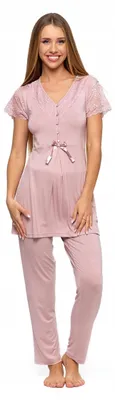 Produktbild von Damenpyjama - elegante Nachtwäsche Größe XL - Viskose-Pyjama rosa - Spitze Nachtwäsche