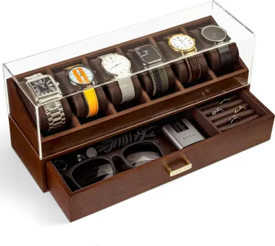 Produktbild von KAMIER Uhrenbox Herren Echtholz 6 Fächer Schublade Walnuss