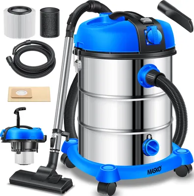 A studio shot of a MASKO industrial vacuum cleaner and its accessories, presented on a white background.