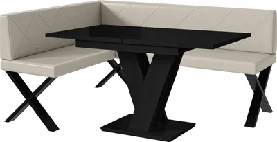 Produktbild von MEBLINI Eckbank für Esszimmer mit ausziehbarem Tisch  - Küchenbank - Essecke - Sitzecke Küche - ERIC - X-Beine 128x168x87cm Links - Beige Kunstleder/M Schwarz Hochgl.