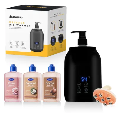Produktbild von Bolusso Massageölwärmer Set mit 3 Body Oils (Kokos, Rose, Kakao), 2 Dispensern & Gua Sha Tool – Einstellbare Temperatur 30–65°C für entspannende Massa