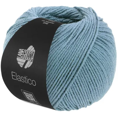 A ball of blue yarn with a black label.