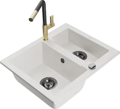 Produktbild von Mexen Carlos 1,5-Becken-Granitspüle mit Mischbatterie Flora, Weiß - 6518-20-670401-57-B
