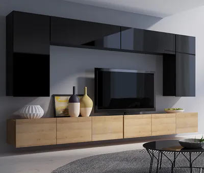 Produktbild von Moderne Wohnwand CALABRINI-13 Wohnzimmer-Set Hängewohnwand Schrankwand Hochglanz TV-Schrank Anbauwand (Schwarz / Goldene Eiche)