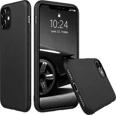 A black iPhone 11 case is shown from multiple angles, with a car interior visible on the phone screen.