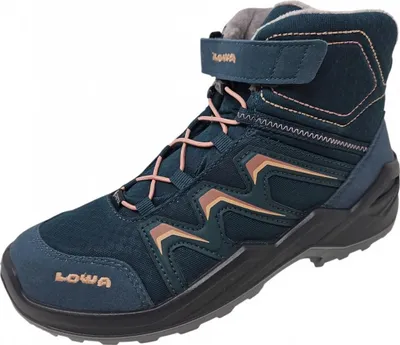 A single blue and pink Lowa Maddox Warm GTX Mid JR boot is shown against a white background.