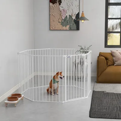 Produktbild von Welpenauslauf 2-in-1 Absperrgitter, 8 Paneele faltbar Doppelverriegelung, Hundezaun Stahl, Weiß | 154 x 154 x 90 cm | 16,5 kg | wandmontierbar