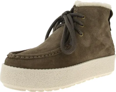 A single brown lace-up boot with a thick white sole, shown against a white background.