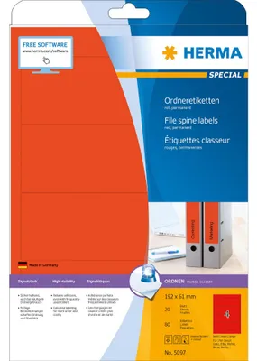 Obrázek produktu pro HERMA 5097, Červená, Samolepicí štítek, A4, Papír, Laserová/inkoustová tiskárna, Permanentní