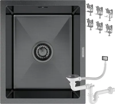 Produktbild von Granitan | Stahlspüle - Spülbecken 1-Kammer - 36,8x44,9x22 cm - Rechteckig - Schwarz - mit Siphon - Bari
