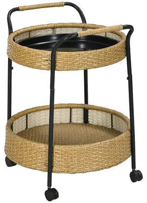 Productafbeelding van Outsunny Serveerwagen, rieten tuinkar, trolley met 2 plateaus, naturel