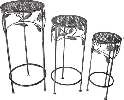 Produktbild von Hocker Set 3tlg. Gartendekoration Blumenhocker Eisenhocker Pflanzenständer Antik grau