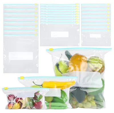 Image de Sacs de congélation réutilisables avec fermeture éclair - Lot de 45 pièces pour aliments : 20 petits, 15 moyens, 10 grands