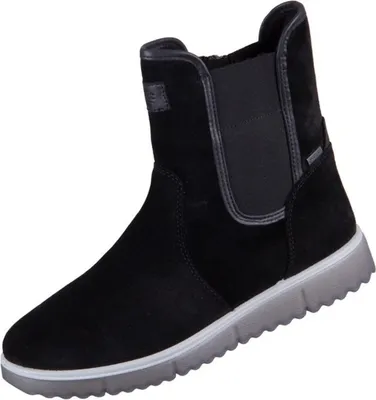 A black winter boot with a gray sole is shown against a white background.