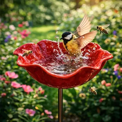 Produktbild von Vogeltränke aus Metall für Garten, mit Erdspieß, rostfrei & frostbeständig, dekorative Bienentränke für Vögel & Schmetterlinge