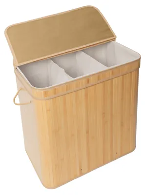 Obrázek produktu pro Relaxdays Koš na prádlo s víkem, bambus, 150 l, 3 přihrádky, VxŠxH: 61,5 x 61 x 41,5 cm, koupelnový koš na prádlo, přírodní