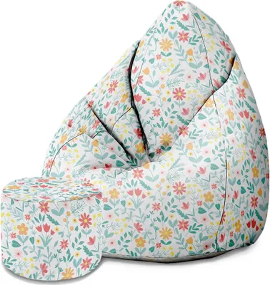 A bean bag chair and ottoman with a floral pattern on a white background.