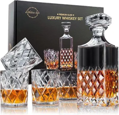Zdjęcie produktu dla Zestaw do whisky z kryształu, 5 elementów, szklanki o pojemności 280 ml w pudełku prezentowym, karafka kryształowa o pojemności 849 ml