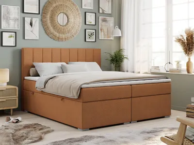 Obrázek produktu pro Boxspring Kontinentální postel ALDA s úložným prostorem - 200x200 cm - Středně tvrdé H3 | Oranžová Strukturovaná látka - Topper T25