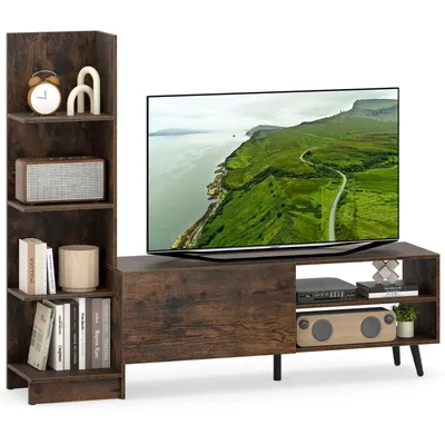 A TV stand with an attached bookshelf, displaying various items on the shelves and a TV on top.