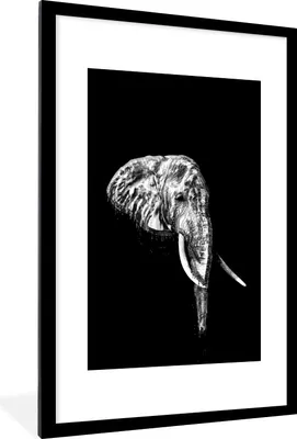 Produktbild von MuchoWow® Gerahmtes Poster Illustration Elefant vor schwarzem Hintergrund - schwarz und weiß 60x90 cm - Poster mit Schwarzem Bilderrahmen Wandposter Rahmen Foto Bilder - Dekoration - Wandposter Wohnzimmer - Hochwertig