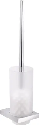 A toilet brush set with a frosted glass holder and a chrome handle.