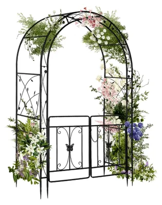 Produktbild von Schwarzer Rosenbogen mit Tür – Stabiler Gartenbogen aus Metall 135x58x212 cm – Rankgerüst für Kletterpflanzen