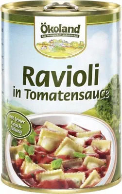 A can of ravioli in tomato sauce with a scenic background.
