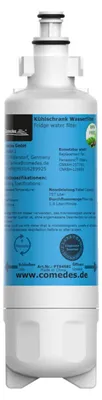 A white refrigerator water filter with a blue label on a white background.