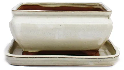 Obrázek produktu pro Bonsajová miska s podšálkem velikost 2 - světle béžová - hranatá - model G81 - d 14,5cm - š 11,5cm - v 6,5cm