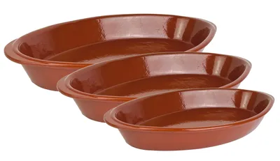 Produktbild von 3 Stück Ton-Auflaufformen Ofenform Servierschalen Mediterran Glasiert Oval 3 verschiedene Größen Spülmaschinengeeignet