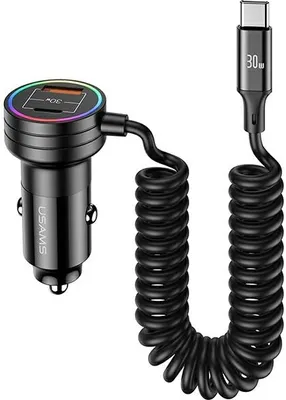 Zdjęcie produktu dla Usams Ładowarka Samochodowa 2X Usb-C 1X Usb-A 60W Z Kablem Czarna