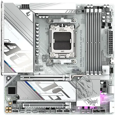 Zdjęcie produktu dla GIGABYTE X870M AORUS ELITE WIFI7 ICE, AMD, Gniazdo AM5, AMD Ryzen 7000 Series, AMD Ryzen 8000 Series, AMD Ryzen 9000 Series, Gniazdo AM5, DDR5-SDRAM, 256 GB
