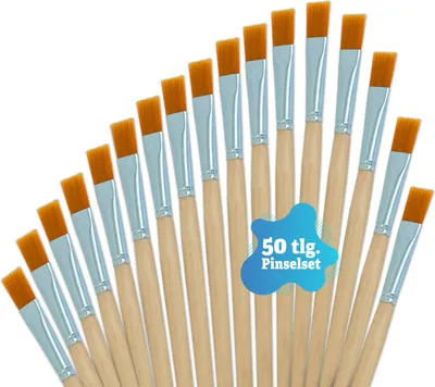 Produktbild von Pinselset mit 50 Pinseln - Flachpinsel mit Holzstiel - XXL Packung Malpinsel für Kinder & Erwachsene
