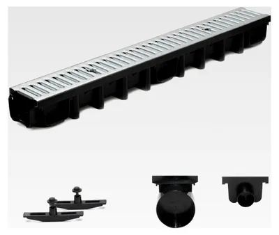 Produktbild von 1m Entwässerungsrinne Terrassenrinne mit verzinktem Stahlrost, komplett SET, System A15 98mm
