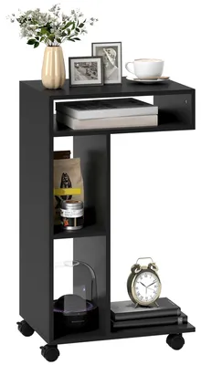 Immagine prodotto di Tavolino a forma di C - comodino - 4 ripiani - con ruote - tavolino per laptop - struttura in legno - 40 x 30 x 69 cm - nero