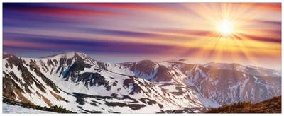 Produktbild von Wallario Premium Glasbild, freischwebende Optik, kräftige Farben, Größe 80 x 32 cm Motiv Farbenfroher Sonnenuntergang im Winter - Schnee in den Bergen