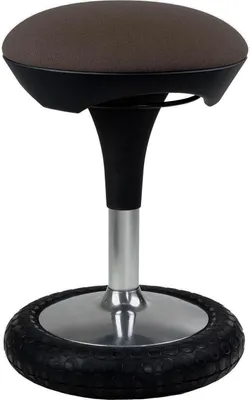 A studio shot of a dark brown and black office stool with a silver base and a black tire-like ring around the bottom.