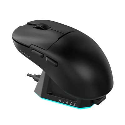 A black wireless gaming mouse with a charging dock.