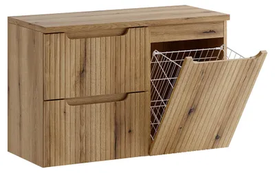 Produktbild von Badezimmer Waschtischunterschrank mit 90 cm Breite in Eiche mit gerillter Front, 2 Schubladen & Wäschekorb - NEWPORT-56-EVOKE