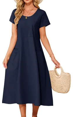 Zdjęcie produktu dla Sukienka maxi z bawełny - Letnia sukienka damska - Sukienka plażowa - Styl boho - Luźny krój - Okrągły dekolt z kieszeniami