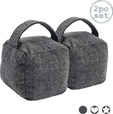 Produktbild von Moderner, grauer und quadratischer Türstopper. Fischgrätenmuster-Türstopper mit Griff - 2er-Set