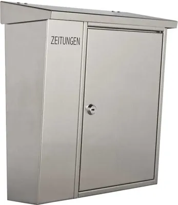 A stainless steel mailbox with a slanted top and a door with a lock.