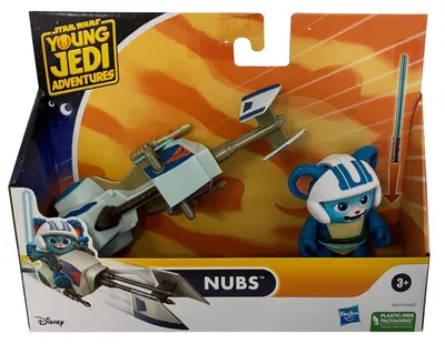 Product packaging for a Star Wars Young Jedi Adventures toy set featuring Nubs and a Speeder Bike.